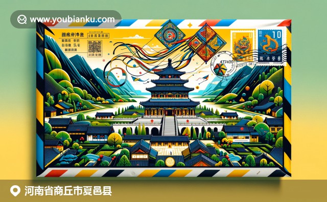 河南夏邑縣的中岳廟、田園風(fēng)光與中國(guó)風(fēng)箏元素，融入復(fù)古航空郵件信封