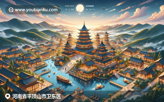 河南省衛(wèi)東區(qū)郵政主題插圖，精美航空信封展現(xiàn)寶頂山與少林寺圖案，呈現(xiàn)豐富自然美景與文化遺產(chǎn)