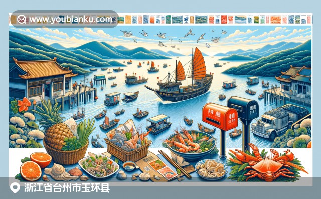 浙江玉環(huán)的海紅灣美景、豐富海鮮和傳統(tǒng)漁船，郵政元素與地域文化完美融合