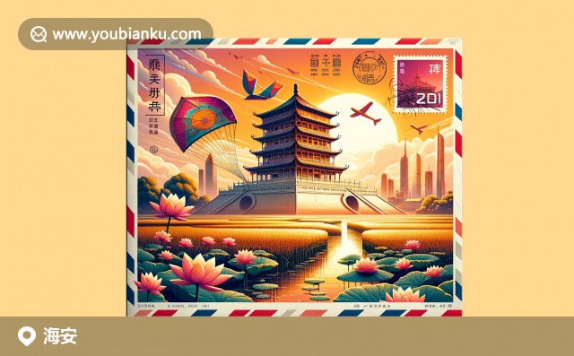 海安特色景觀：鼓樓、稻田、荷花與現(xiàn)代風(fēng)箏 - 顯示悠久歷史與現(xiàn)代融合的郵票圖案