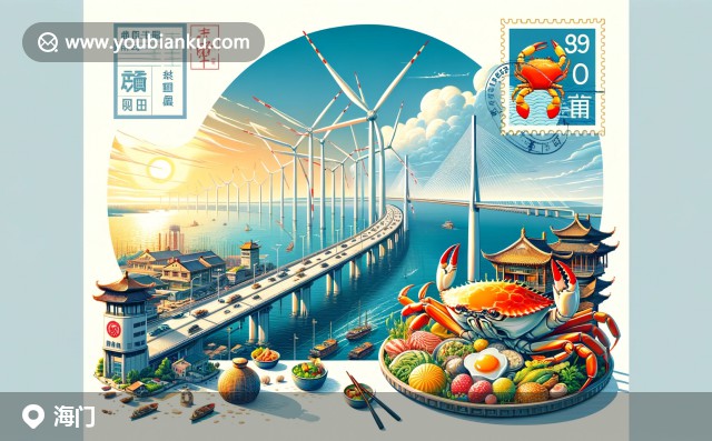 海門(mén)特色插畫(huà)：秦東風(fēng)電站、海門(mén)大橋與海門(mén)蟹，展現(xiàn)現(xiàn)代性、傳統(tǒng)與自然的航空郵件風(fēng)格