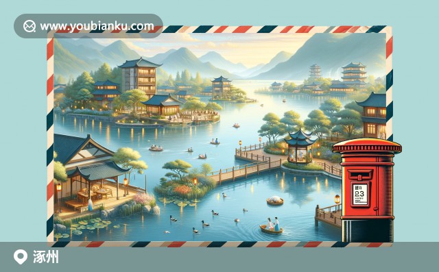 涿州市特色插畫：白洋淀、涿州大餅與郵政郵筒及航空信封