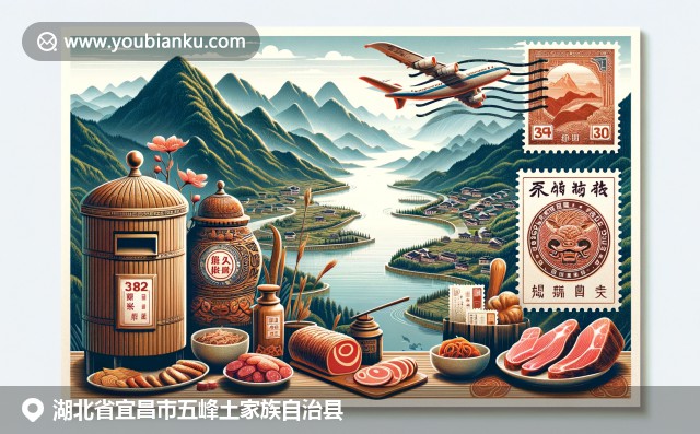 湖北五峰山脈神秘云霧，443400郵政元素與土家族吊腳樓的文化風(fēng)情