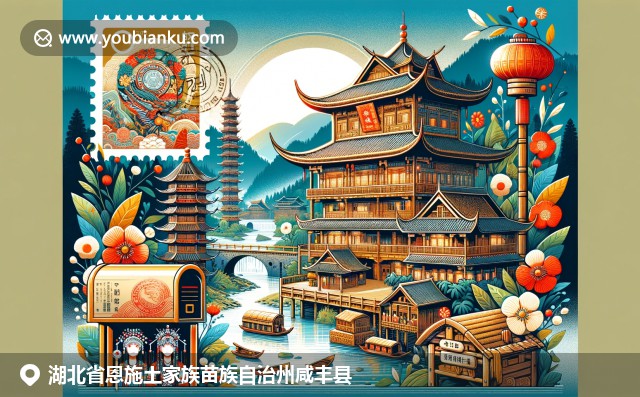 咸豐縣自然與文化的完美融合，展現(xiàn)恩施大峽谷、土家吊腳樓與辣椒特產(chǎn)，伴隨著中國(guó)風(fēng)郵政元素