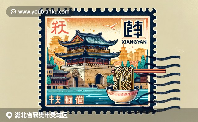 襄陽(yáng)古隆中古樸建筑、漢江壯麗河景、特色牛肉面與中國(guó)郵政元素和郵政編碼441000插圖