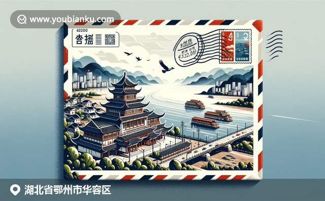 長江畔的自然風(fēng)光與傳統(tǒng)中國建筑，融入郵政元素的創(chuàng)意設(shè)計