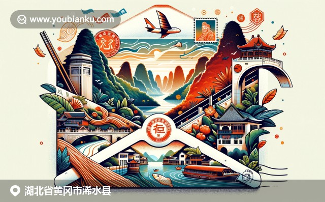 風格化的航空信封插圖，展現(xiàn)湖北浠水縣自然美景與文化遺產(chǎn)，郵政元素與風景畫面融合