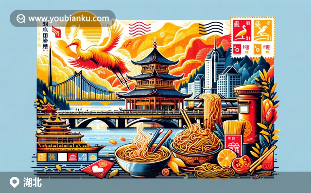 湖北文化與郵政元素完美融合，展現(xiàn)黃鶴樓與熱干面，神農(nóng)架自然風(fēng)光，背景點(diǎn)綴郵票與郵戳