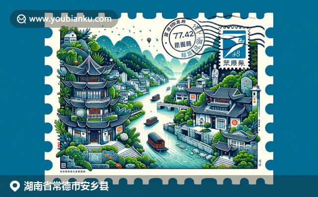 湖南常德安鄉(xiāng)縣地域特色插圖，結(jié)合古跡自然景觀與中國風(fēng)郵政元素