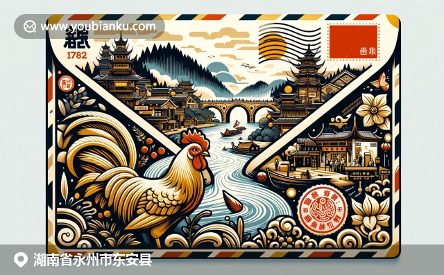 東安縣文化與自然風(fēng)光巧妙融合，展現(xiàn)東安雞、小橋河和古橋在郵政元素中的現(xiàn)代描繪