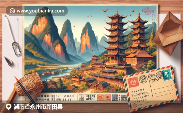 新田縣自然與文化的現(xiàn)代插畫：狼山丹霞地貌與侗族鼓樓建筑，復(fù)古中國郵政元素