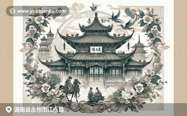 江永縣的地理身份與文化底蘊并蓄，體現(xiàn)在郵政編碼信封、湘繡圖案和翠竹自然元素中