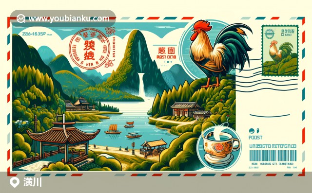 郵政風格的浣川縣風光，雞公山、南灣湖、小船、瀑布與茶文化郵票細節(jié)