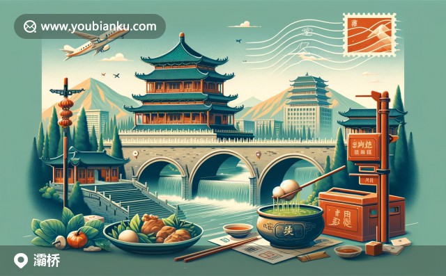 西安灞橋區(qū)特色插畫，大明宮遺跡，灞河橋，羊肉泡饃與傳統(tǒng)郵票主題設(shè)計