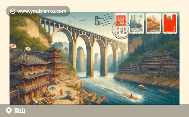 重慶璧山縣插圖：天主教堂，綠茶，大竹海與航空信封主題郵戳設(shè)計(jì)