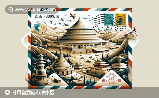 武威涼州區(qū)航空郵件信封設(shè)計，展示733000郵政編碼與漢墓、海藏寺及胡楊林插圖