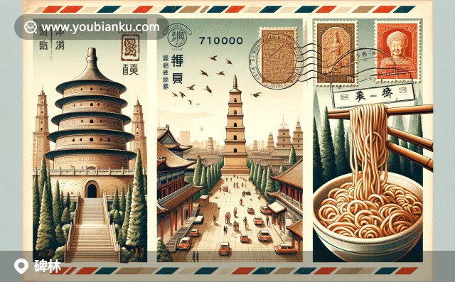 精美插圖：碑林區(qū)特色 - 古老石碑、大雁塔與傳統(tǒng)Biangbiang面的航空信封