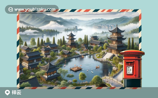 祥云縣特色插畫 - 白族民居、洱海風(fēng)光與郵票主題明信片