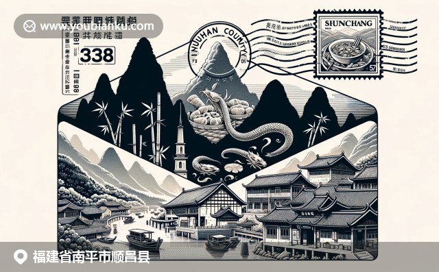 福建武夷山風(fēng)光、大紅袍茶葉與土樓融合，呈現(xiàn)順昌縣獨(dú)特風(fēng)貌與郵政元素
