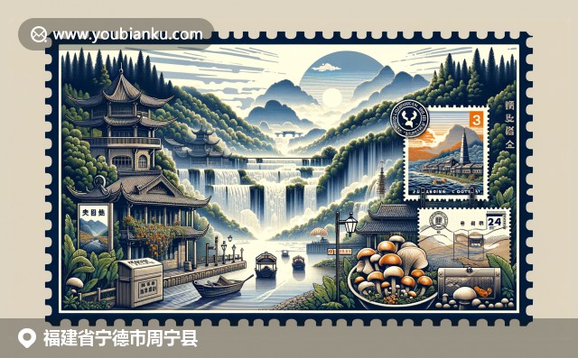 福建風景與文化的完美融合，展現(xiàn)太姥山風光、沙縣小吃、中國風明信片和郵政元素