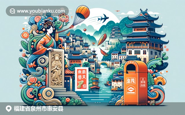 福建泉州惠安縣，結(jié)合石雕、紅磚建筑和海岸線景觀，航空郵政明信片