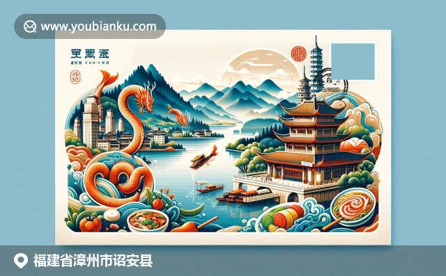 福建詔安縣文化特色插畫，融合云水謠古鎮(zhèn)、九龍江和紅茶元素，郵政編碼363500象征郵政元素