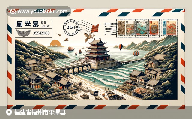 福建平潭縣航空郵件信封，展現海壇古城和龍鳳頭海灘美景，描繪當地海鮮風味
