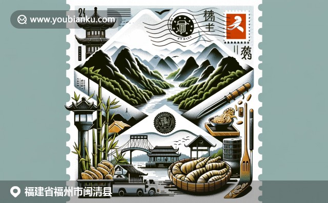福建閩清縣山水茶園與福建土樓，與航空郵件信封融為一體