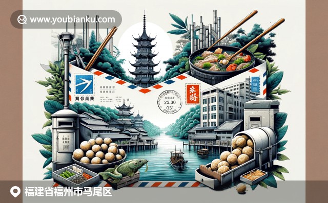 福建福州馬尾區(qū)地方文化明信片，展示閩江風(fēng)光、船政遺跡和美食特色