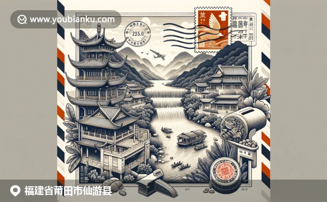 現(xiàn)代插畫展示福建仙游縣特色: 土樓、木雕藝術品、郵政元素及文化符號