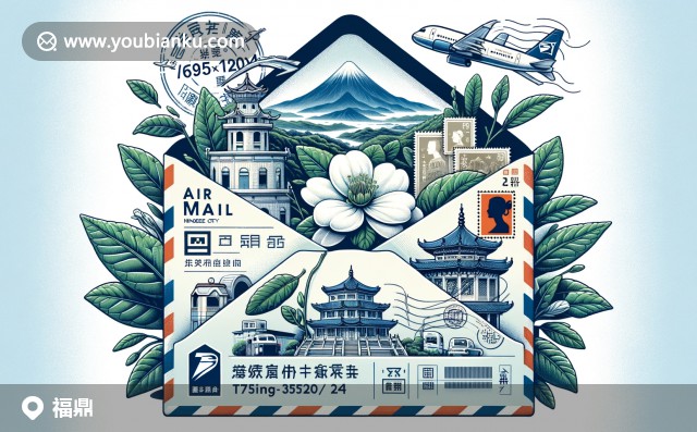 現(xiàn)代風格的郵局信封，展示福鼎白茶、白睿塔及太姥山郵票，代表郵政編碼文化