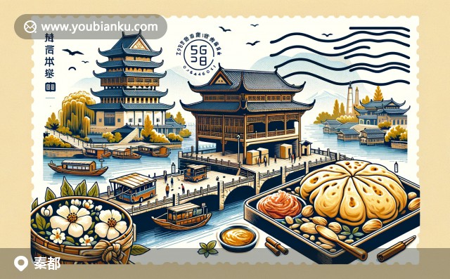 陜西省咸陽市秦都區(qū)明信片，展示秦始皇兵馬俑、大雁塔、陜西涼皮和肉夾饃，以及郵政元素