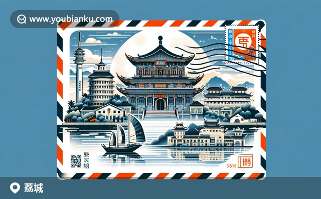 荔城區(qū)特色郵票插畫 - 九鯉湖寧靜，荔枝農(nóng)業(yè)，延平郡王府的歷史韻味，郵政編碼351100的現(xiàn)代創(chuàng)意設(shè)計(jì)