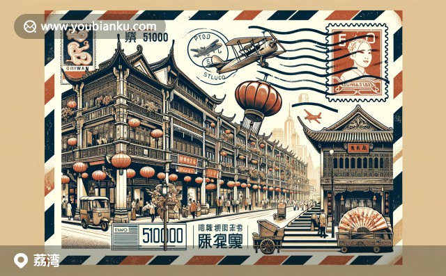 復(fù)古航空郵件信封中的廣州荔灣區(qū)地標(biāo)：熱鬧的步行街、傳統(tǒng)嶺南建筑和粵劇文化