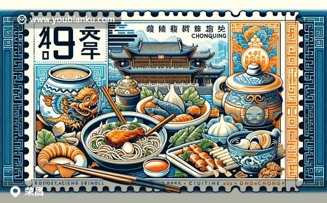 榮昌火鍋、精美陶瓷與白沙古鎮(zhèn)的熱鬧場(chǎng)景，以山水為背景的榮昌明信片