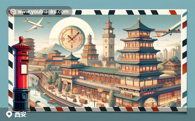 現(xiàn)代插畫(huà)風(fēng)格展現(xiàn)西安文化與郵政元素融合，鐘樓、古城墻、肉夾饃、秦腔面具等特色盡顯