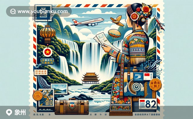 象州縣郵政編碼545800 - 龍林瀑布，壯族服飾與復(fù)古航空郵件插畫