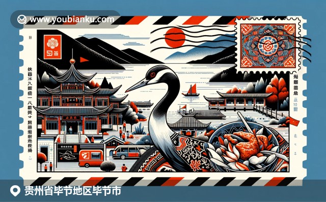 貴州畢節(jié)自然與文化融合，展示草海湖美景、黑頸鶴、辣子雞與蠟染布圖案，結(jié)合郵政元素