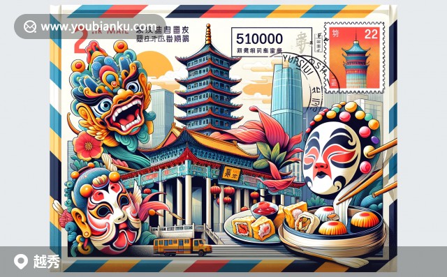 廣州越秀區(qū)特色郵票信封，包含鎮(zhèn)海樓、粵劇面具與傳統(tǒng)點心圖案
