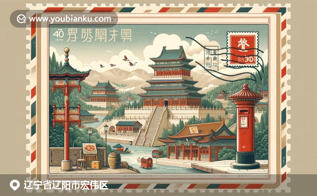 遼寧遼陽白塔與傳統(tǒng)美食鐵鍋燉，郵政元素巧妙融入，展現(xiàn)地域文化和歷史特色