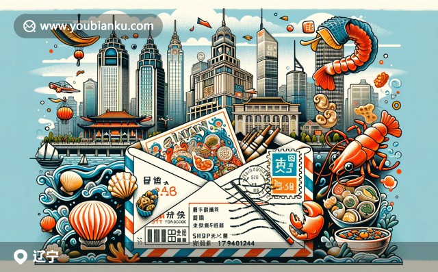 現(xiàn)代插畫展現(xiàn)遼寧省文化與郵政融合，大連海鮮與傳統(tǒng)小吃角色化呈現(xiàn)