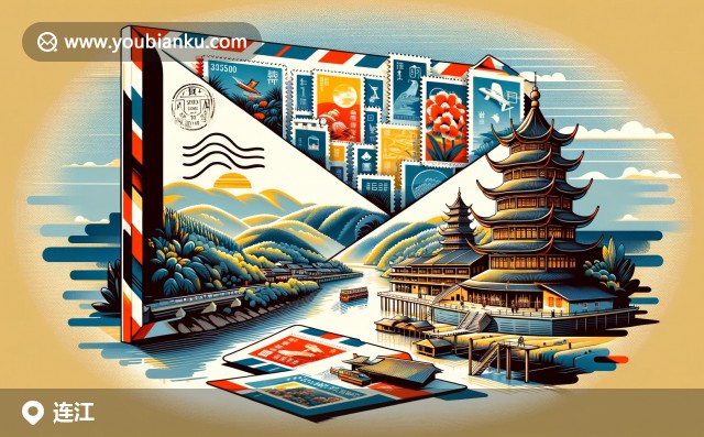創(chuàng)意設(shè)計的連江縣插圖，展示媽祖廟、閩江風光和土樓特色，郵政溝通的藝術(shù)表現(xiàn)