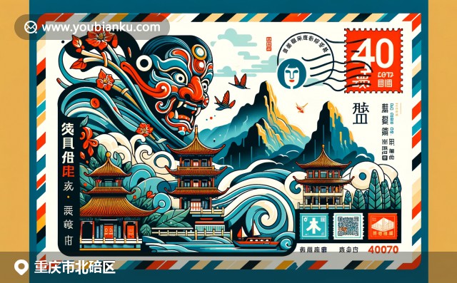 現(xiàn)代重慶郵政信封: 金佛山、溫泉和川劇面具融合，展示地方特色與郵政元素