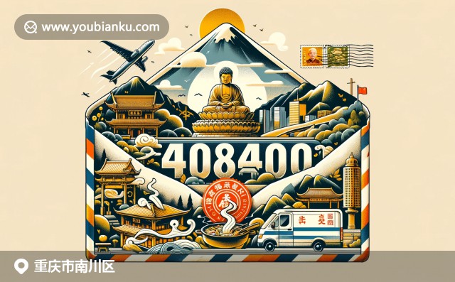 現(xiàn)代插畫風(fēng)格展現(xiàn)重慶南川區(qū)金佛山、傳統(tǒng)火鍋與風(fēng)景，融入航空郵件元素