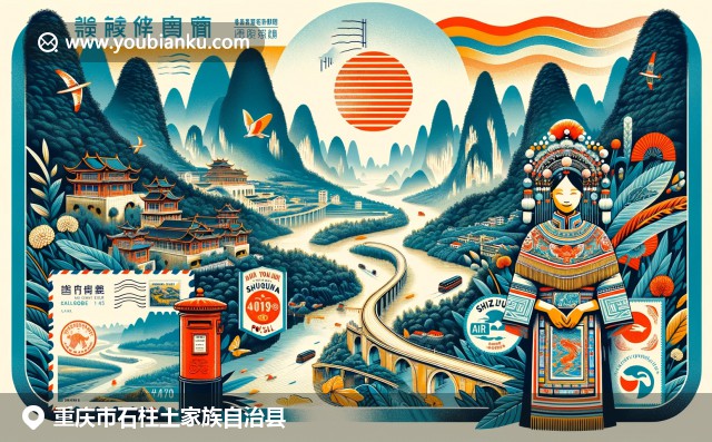 重慶土家族自治縣自然與文化的完美結(jié)合，展示武隆喀斯特地貌和土家族傳統(tǒng)服飾，融入郵政元素