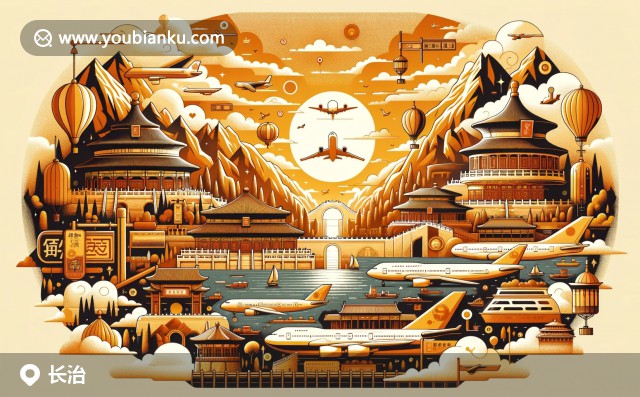 展開的航空信封，展現(xiàn)長治古城墻、桃花峪春景及黃河壺口瀑布，配以郵政編碼047100和中國郵政郵戳