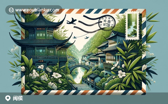 福州閩侯特色郵票信封設(shè)計(jì)，融合三坊七巷、竹林與白茶元素，展現(xiàn)郵政文化和地方風(fēng)情
