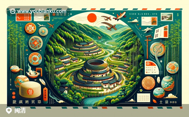 閩清竹林、土樓與陶瓷藝術(shù)的航空郵件主題插畫 - 郵政編碼350800