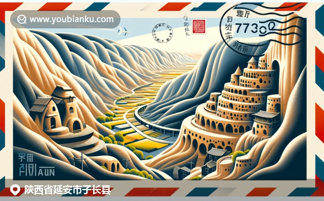 延安子長(zhǎng)縣黃土高原景觀、窯洞建筑與古郵道融入郵政元素