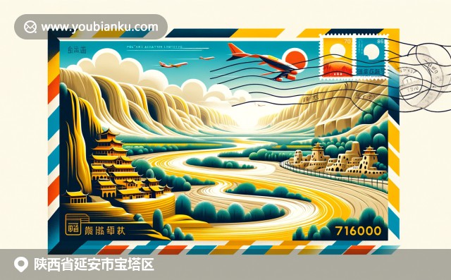 延安窯洞和黃土高原的壯麗景色，融入黃河風(fēng)光和中國(guó)郵政元素，展現(xiàn)延安地區(qū)的歷史與文化特色